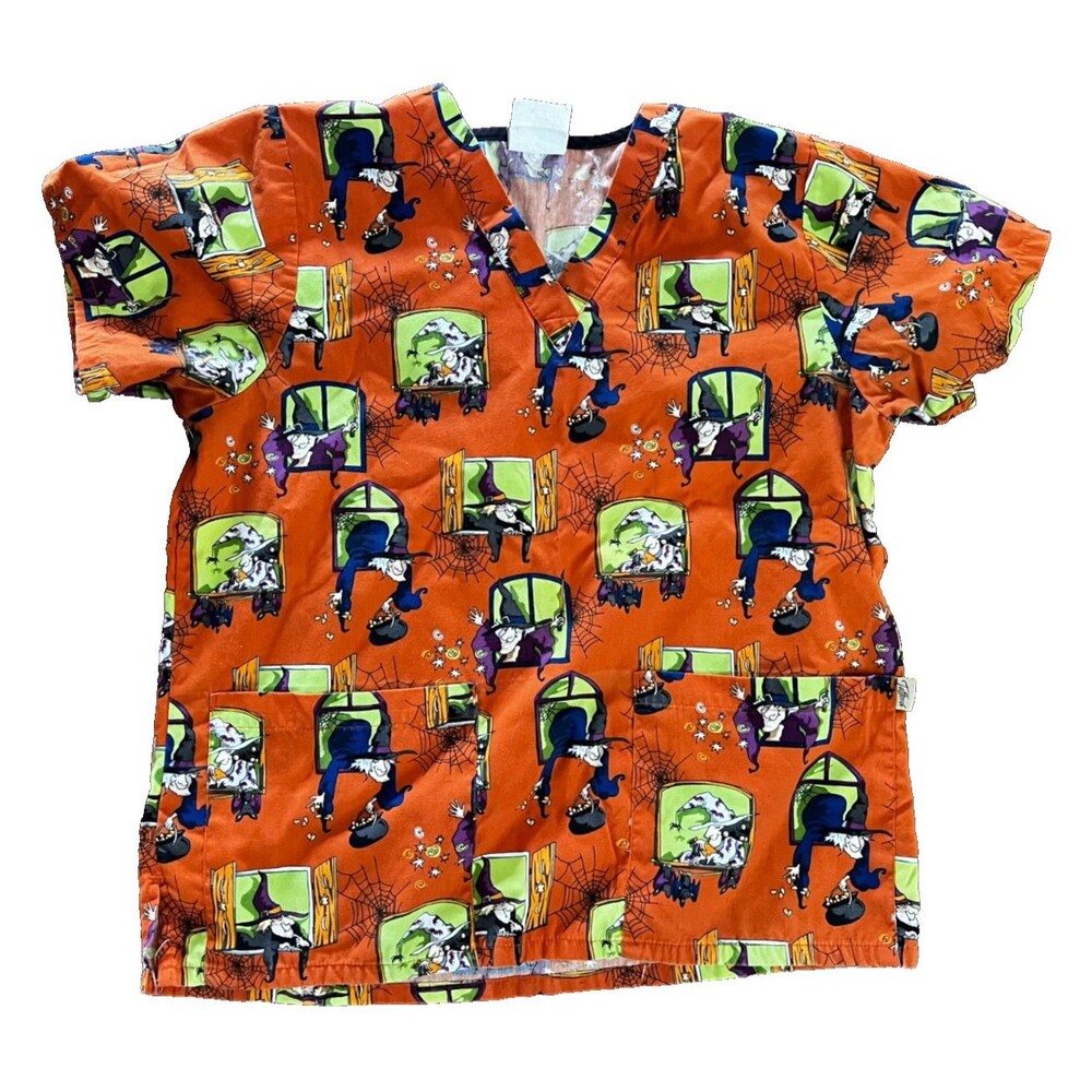 Tafford Halloween Scrub Top Women's M Witches Bats Webs Medical Uniform Shirt